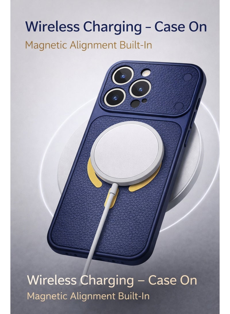 iPhone 16 Pro Max Magnetic Wireless Charging Case – Executive Navy Blue Leather Texture Cover with Gold Ring, Slim Shockproof Back, Premium Camera Protection - Image 2